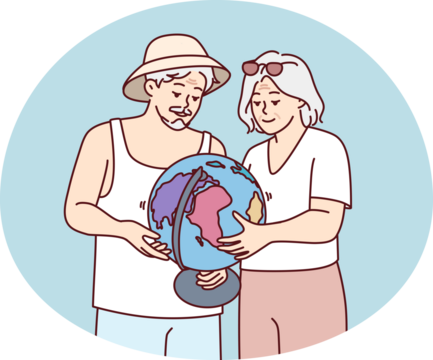 Elderly couple is considering globe choosing place for future trip or sightseeing tour. Vector image