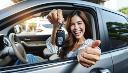 Car rental concept - Cheerful woman with new auto keys - Delightful buyer's experience in vehicle industry - obrazy, fototapety, plakaty
