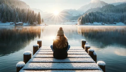 Keuken spatwand met foto Relaxing by lake on pier - mindful meditation with scenic waterfall view © ibreakstock