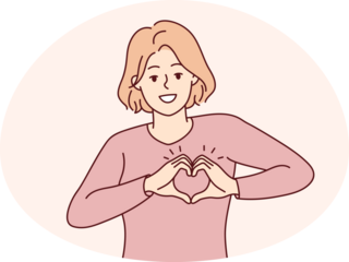 Smiling woman show heart hand gesture
