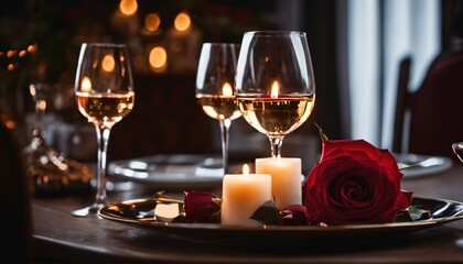 Romantic setting with glass of wine and rose - Perfect for intimate moments