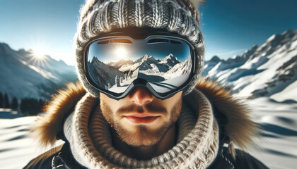 Fototapeta na wymiar Male skier's face, framed by a woolen hat and large reflective goggles that vividly capture the sunlit snow-covered mountain range, evoking the serene yet exhilarating essence of alpine skiing.