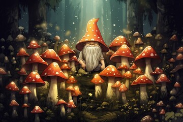 Illustration of a gnome amidst towering glowing mushrooms. Generative AI