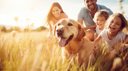  Happy family with dog in nature. Camping, travel, hiking. - Powered by Adobe