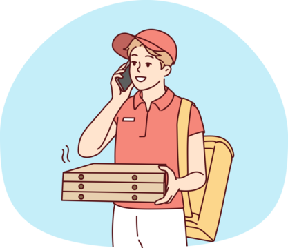 Deliveryman with pizza boxes calling client