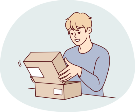Excited man unpack post parcel