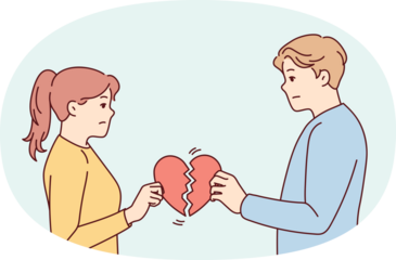 Unhappy couple holding broken heart