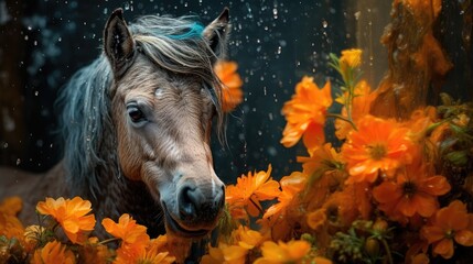  a horse standing in a field of flowers with rain falling down on it's head and hair blowing in the wind.  generative ai