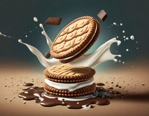 Sandwich cookies with Milk and chocolate splash, 3d illustration for biscuit package design. - obrazy, fototapety, plakaty