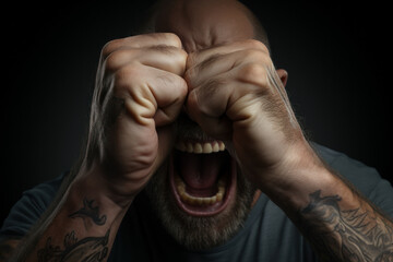 Clenched fists and clenched teeth, a physical manifestation of insomnia's hold. Generative Ai.