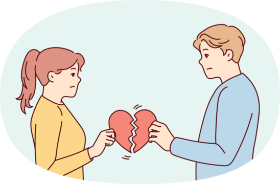 Unhappy couple holding broken heart