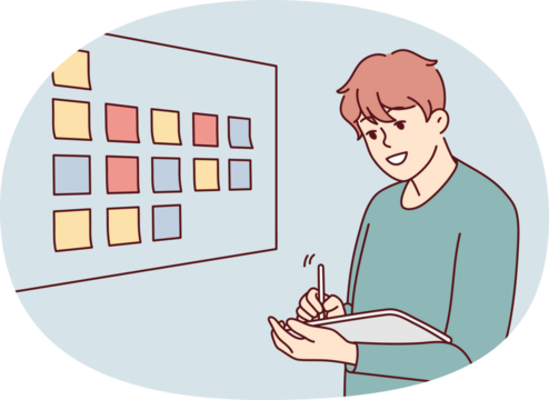 Male employee brainstorm near board in office - Powered by Adobe