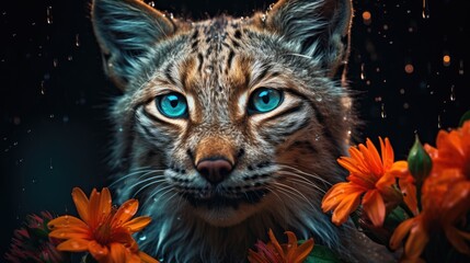  a close up of a cat with blue eyes and flowers in front of a black background with drops of water.  generative ai