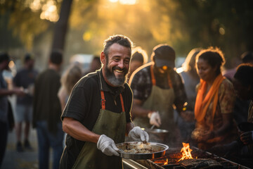 A group of volunteers serving meals to the homeless, exemplifying compassion and kindness. Generative Ai.