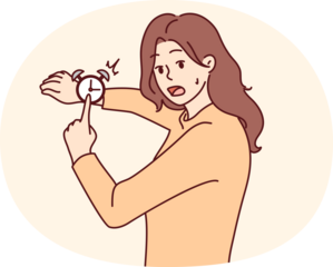Stressed woman point at clock frustrated by deadline