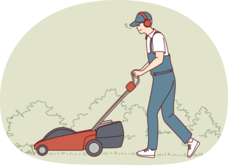 Man in uniform with lawn mower