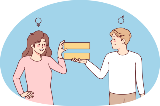 Smiling man and woman show equality sign