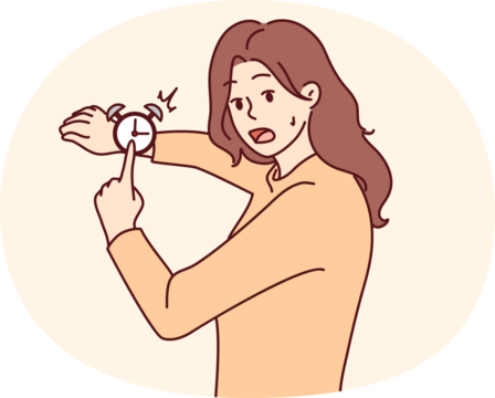 Stressed woman point at clock frustrated by deadline