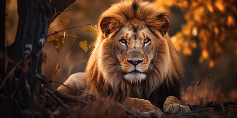 Fototapeta premium Male lion sitting in african landscape