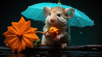  a mouse holding a blue umbrella next to an orange flower and a flower pot with an orange flower in front of it.  generative ai