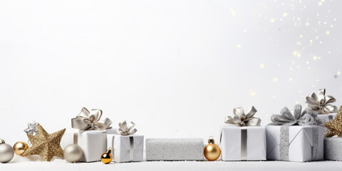 White background with christmas gifts and christmas decorations and copy space