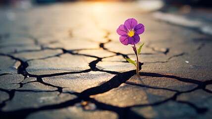 pink flowers growing from the cracked earth.