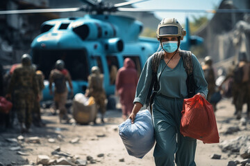 International aid workers delivering medical supplies and relief to countries in need during a crisis. Generative Ai.