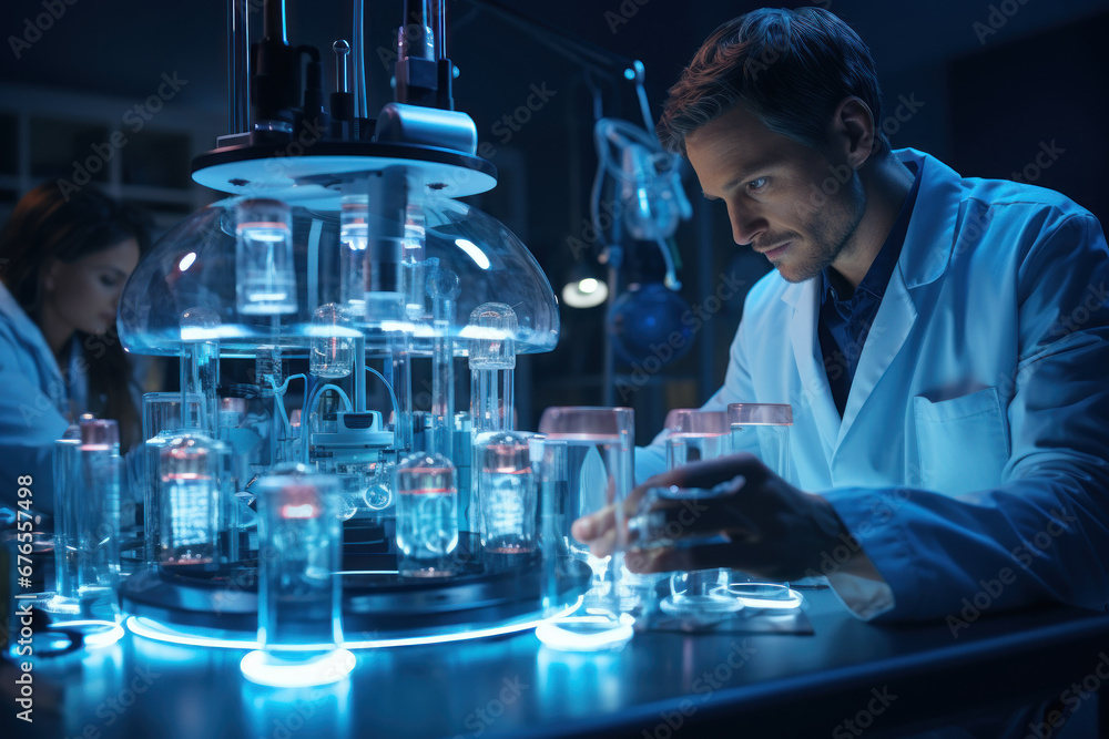 Poster laboratory technicians working around the clock to process diagnostic tests quickly and accurately. 
