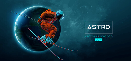 Abstract silhouette of a skiing astronaut in space action and Earth, Mars, planets on the background of the space. The skier man doing a trick. Carving Vector 3d render illustration © Yevheniia