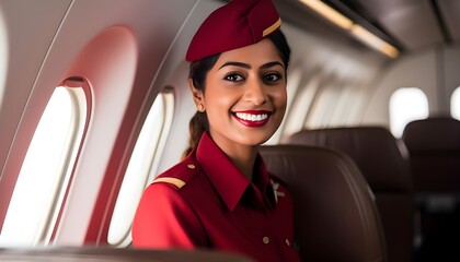 Portrait of a young indian flight attendant inside an airplane