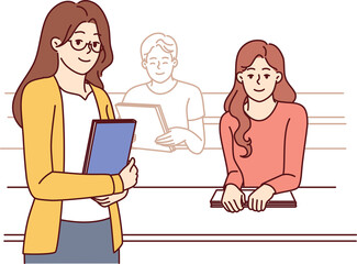 Woman rector and students seated in university auditorium to advertise education programs and grants