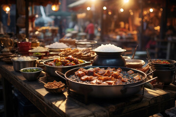 A bustling China street market filled with diverse street foods and local delicacies, offering a...
