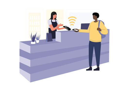 African American Customer Makes Simple Transaction By Tapping Credit Card Reader To Pay Casheer On Cell Phone at Register, A Contactless Payment, Cashless Payment