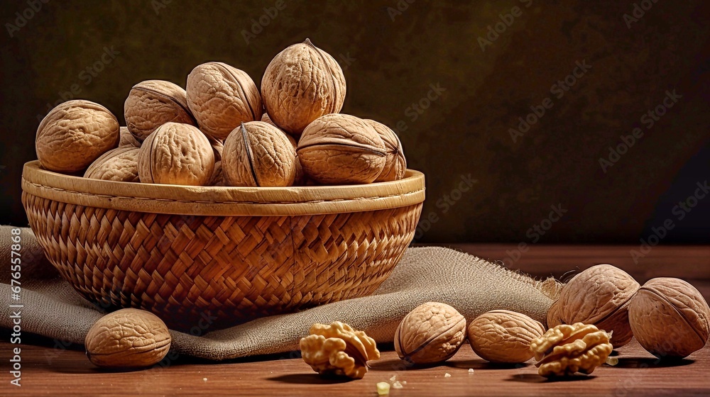 Poster Walnuts in a wicker basket on a wooden table, dark background