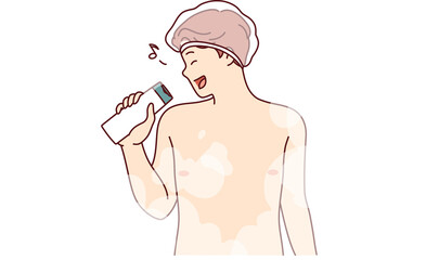 Naked man sings in shower using shampoo instead of microphone and stands in puffs of steam