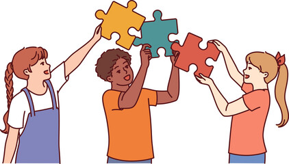 Diverse kids hold puzzle pieces as together solve problem together and demonstrate teamwork