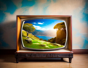 World Television Day. Inside the old-fashioned television you can see a beautiful mountain panorama with a blue lake. Closeup of old TV leaning against a wall. Ai generated.