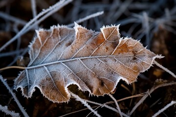 A frosty leaf with frost-covered leaves below. Generative AI