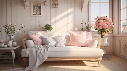 Modern cozy living room. Chabby shic style. Pastel colors