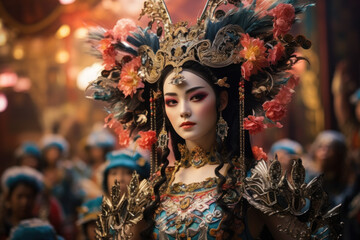 Traditional Chinese opera performers in elaborate costumes, embodying artistic expression and the Concept of theatrical arts. Generative Ai. - obrazy, fototapety, plakaty