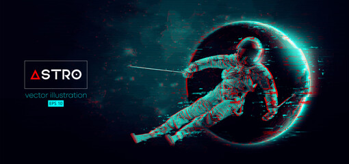Abstract silhouette of a skiing astronaut in space action and Earth, Mars, planets on the background of the space. The skier man doing a trick. Carving Vector 3d render illustration