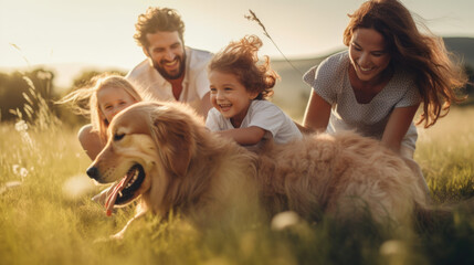 Happy family with dog in nature. Camping, travel, hiking.