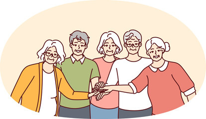 Elderly men and women with gray hair stand with their hands outstretched to center. Vector image