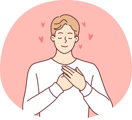 Enamored man puts hands on chest and closes eyes remembering girlfriend. Vector image