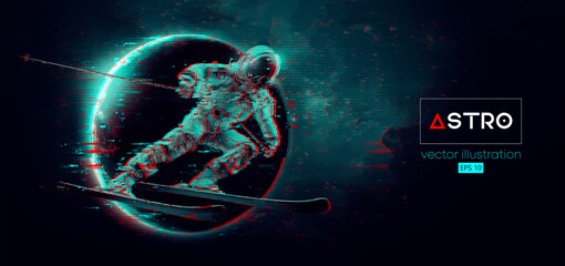 Abstract silhouette of a skiing astronaut in space action and Earth, Mars, planets on the background of the space. The skier man doing a trick. Carving Vector 3d render illustration