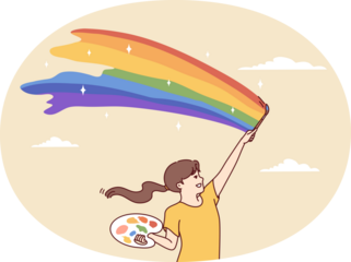 Happy teenage girl paints rainbow in sunny sky with brush and palette. Vector design