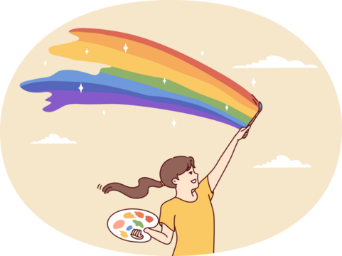 Happy teenage girl paints rainbow in sunny sky with brush and palette. Vector design