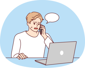 Unhappy man speak with helpline having computer problem