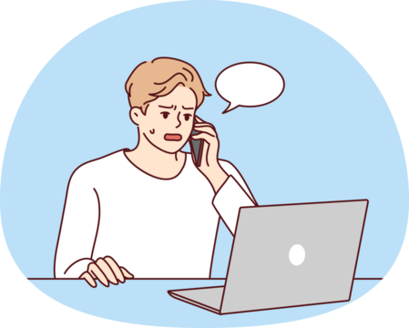 Unhappy man speak with helpline having computer problem