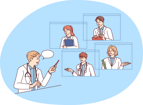 Male doctor talk on webcam with colleagues